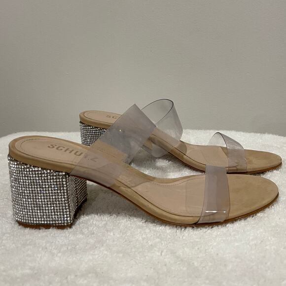 NEW SCHUTZ Victorie PVC Crystal Transparent Strap Leather Mule Sandals Beige 6B - Picture 6 of 11